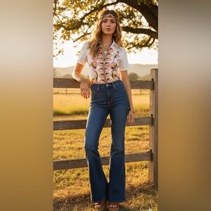 70s Dagger Collar Trippy Floral Short Sleeve Button-Up Shirt